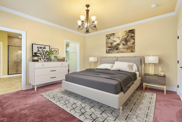 bedroom featuring crown molding, baseboards, carpet floors, and a chandelier