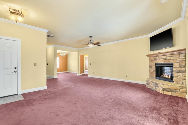 unfurnished living room featuring carpet flooring, a fireplace, and ornamental molding