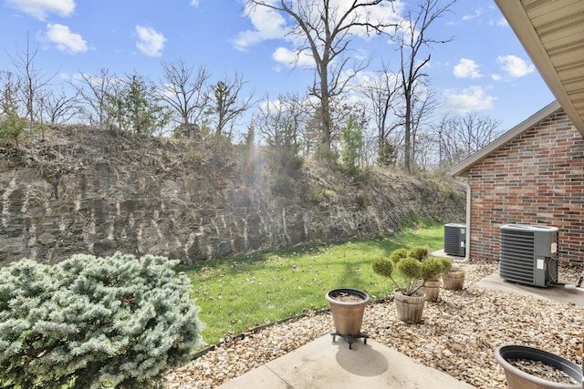 view of yard featuring central AC and a patio area