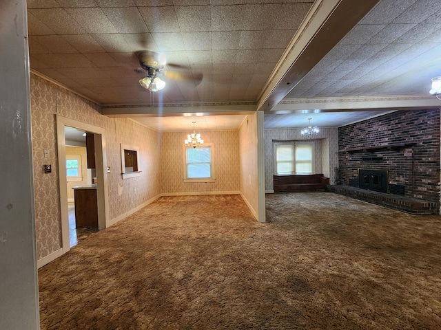 1622 W Fairview Ave, Carthage, MO 64836 - unfurnished living room featuring a chandelier, crown molding, a brick fireplace, baseboards, and carpet floors