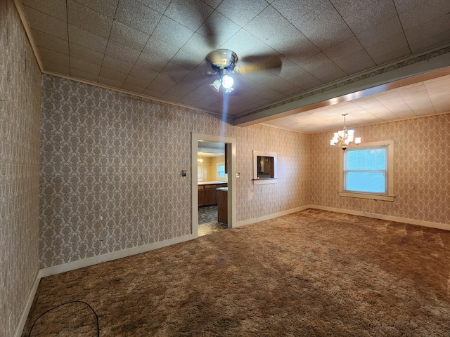 1622 W Fairview Ave, Carthage, MO 64836 - carpeted empty room featuring a chandelier, crown molding, ceiling fan, wallpapered walls, and baseboards