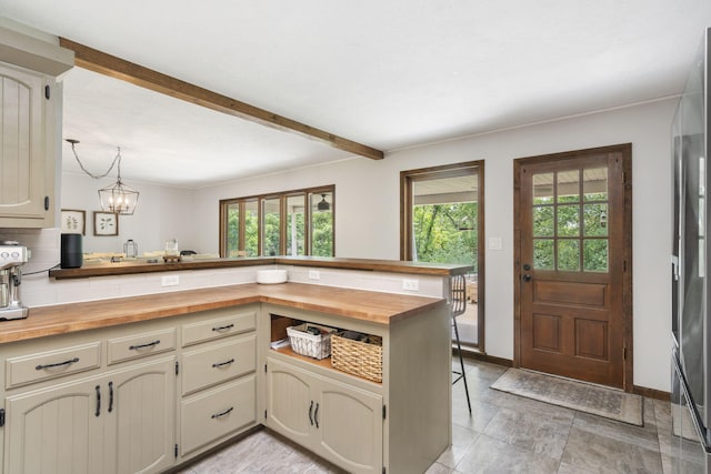 kitchen with butcher block counters, a peninsula, and beam ceiling