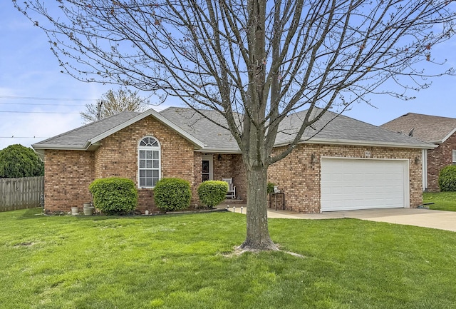 ranch-style house featuring fence, concrete driveway, brick siding, a front lawn, and roof with shingles