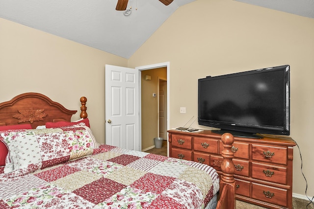 carpeted bedroom with high vaulted ceiling, baseboards, and ceiling fan