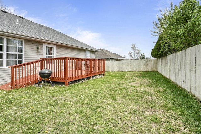 view of yard with a fenced backyard and a wooden deck