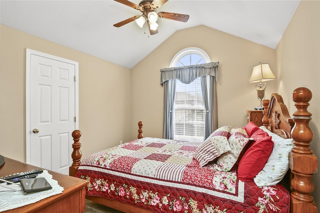 bedroom with a ceiling fan and lofted ceiling