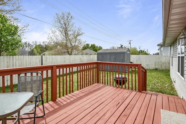 deck featuring a storage shed, an outbuilding, a fenced backyard, and a lawn