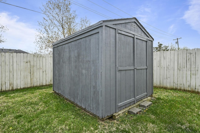 view of shed with a fenced backyard