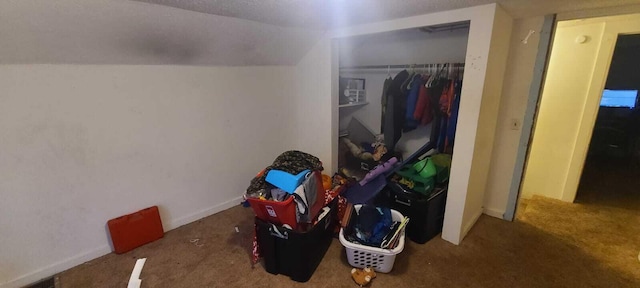interior space featuring a closet, baseboards, and vaulted ceiling