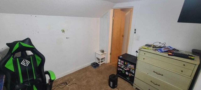 interior space featuring lofted ceiling, baseboards, and carpet floors