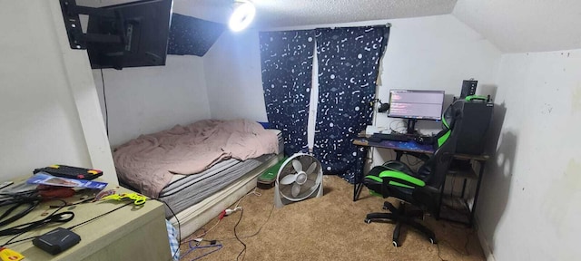 bedroom with lofted ceiling, a textured ceiling, and carpet floors