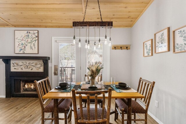 235 Ozark Mountain Resort Dr Unit 47, Kimberling City, MO 65686 - dining space with baseboards, wood ceiling, wood finished floors, and a warm lit fireplace