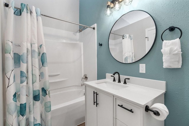 235 Ozark Mountain Resort Dr Unit 47, Kimberling City, MO 65686 - bathroom with vanity, shower / bathtub combination with curtain, and a textured wall