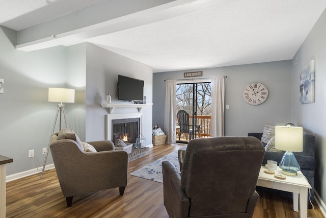 145 Starboard Dr Unit 8, Kimberling City, MO 65686 - living room with a fireplace, wood finished floors, baseboards, and a textured ceiling
