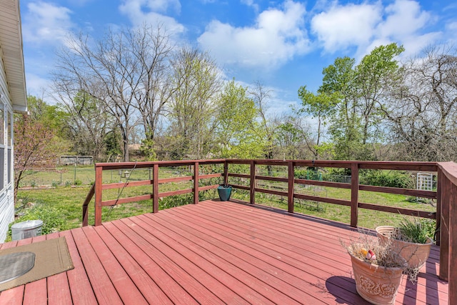wooden deck featuring fence and a yard