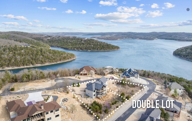 drone / aerial view featuring a forest view and a water view