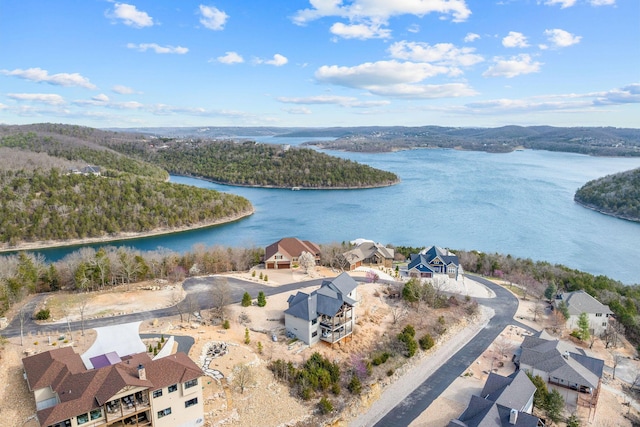 birds eye view of property featuring a wooded view and a water view
