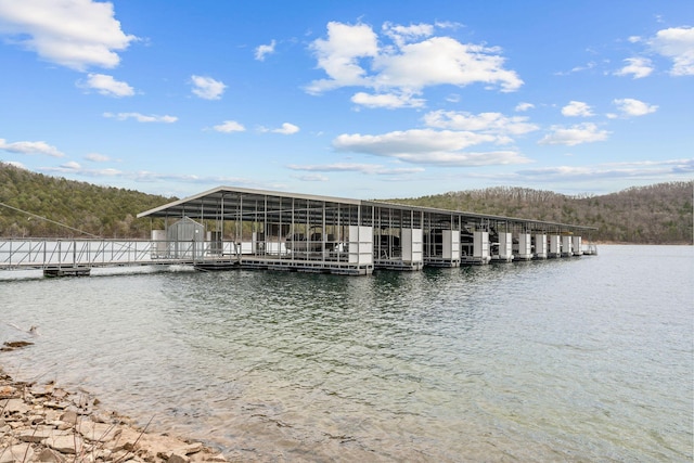 view of dock featuring a water view and a forest view