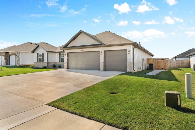 view of front of house featuring stone siding, central air condition unit, fence, a garage, and driveway