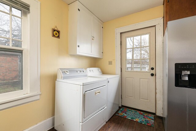 218 Lillian Pl, Bolivar, MO 65613 - laundry room with cabinet space, dark wood-type flooring, separate washer and dryer, and a wealth of natural light