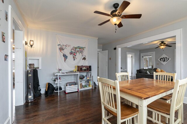 218 Lillian Pl, Bolivar, MO 65613 - dining room featuring ceiling fan, wood finished floors, and ornamental molding
