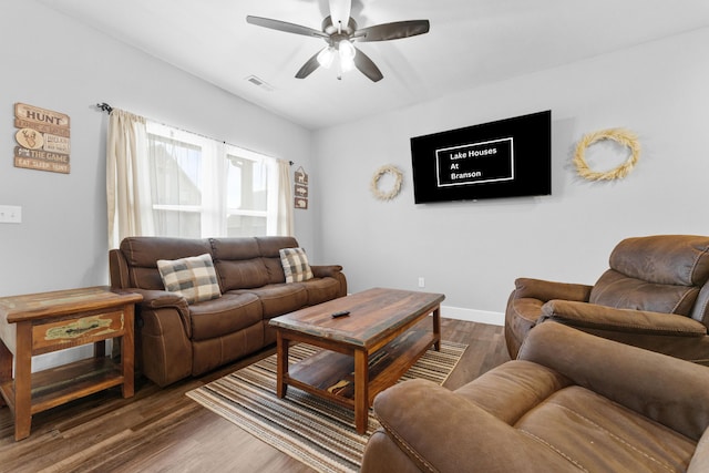 201-217 Watersound Way, Hollister, MO 65672 - living room with baseboards, visible vents, ceiling fan, and wood finished floors
