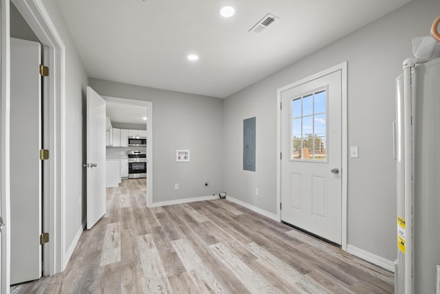 200 N Madison Ave, Mansfield, MO 65704 - interior space with light wood-style flooring, visible vents, electric panel, hookup for a washing machine, and electric dryer hookup