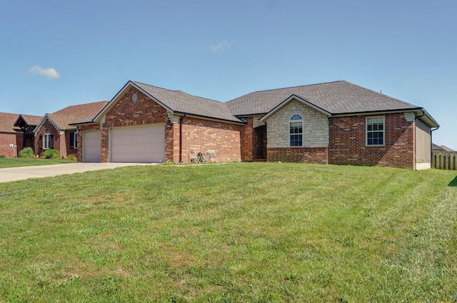 1471 Woodland Rd, Marshfield, MO 65706 - ranch-style house with a garage, brick siding, driveway, a front yard, and roof with shingles