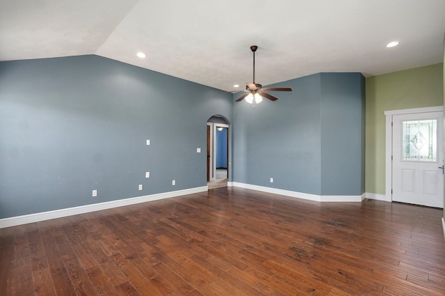 1471 Woodland Rd, Marshfield, MO 65706 - spare room featuring a ceiling fan, arched walkways, recessed lighting, wood finished floors, and vaulted ceiling