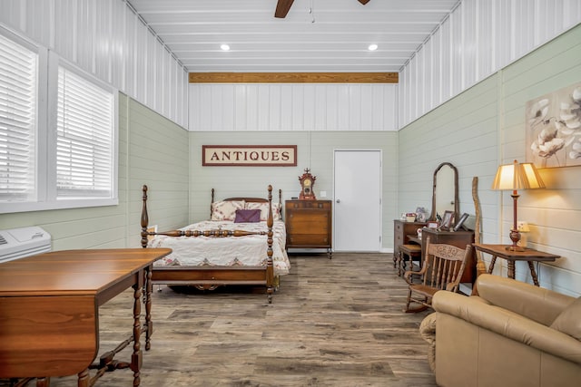 bedroom with wood finished floors and ceiling fan
