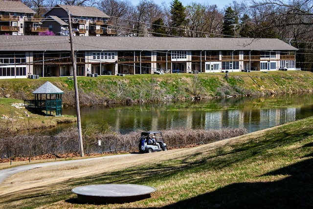 exterior space with a water view