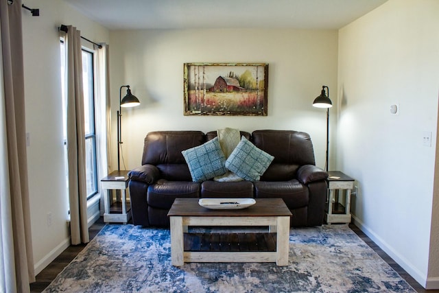 living area with baseboards and wood finished floors