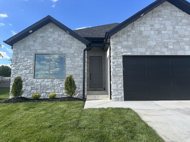 1293 W Gaslight Dr, Springfield, MO 65810 - view of front of property featuring a garage, concrete driveway, a front lawn, and stone siding