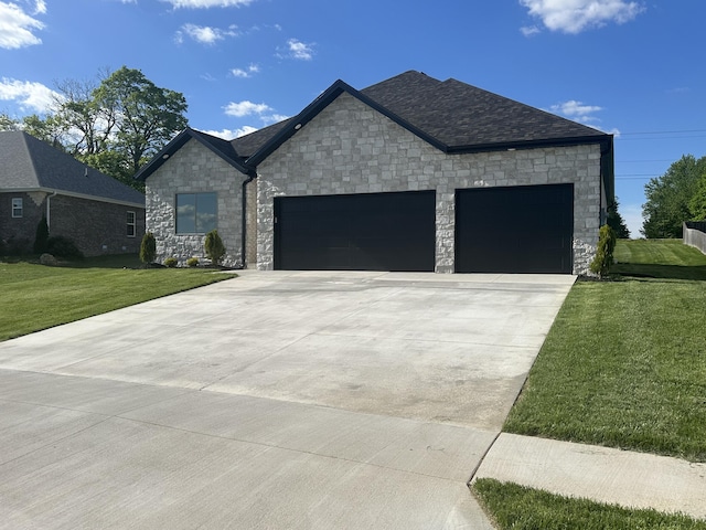 1293 W Gaslight Dr, Springfield, MO 65810 - view of front of home featuring a garage, a front yard, stone siding, and concrete driveway