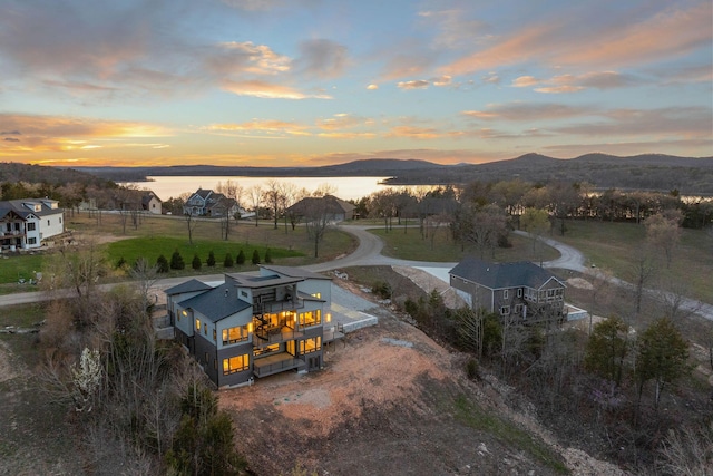 aerial view at dusk with a mountain view