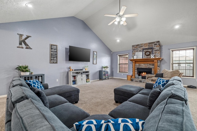 445 E Sequoia St, Republic, MO 65738 - living area featuring carpet, ceiling fan, healthy amount of natural light, a fireplace, and high vaulted ceiling