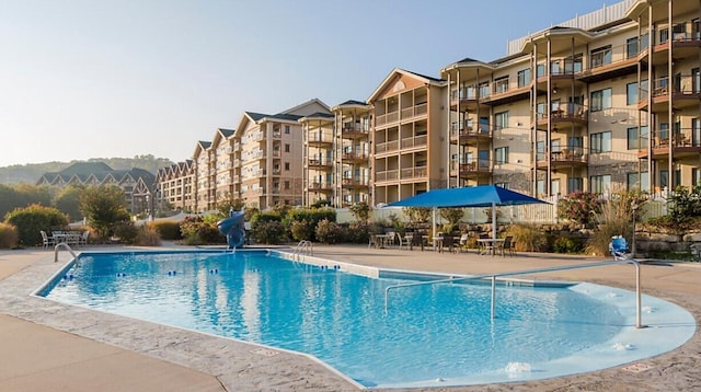 view of swimming pool featuring a patio area