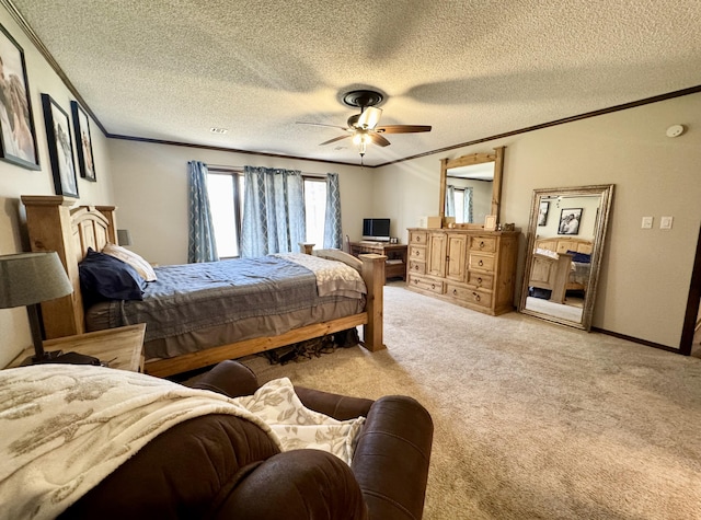 bedroom featuring a textured ceiling, ornamental molding, baseboards, and light colored carpet