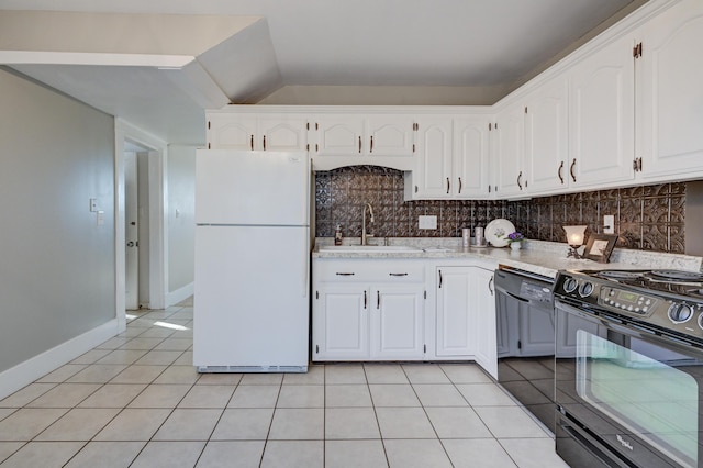 kitchen with white cabinets, a sink, black appliances, backsplash, and light tile patterned floors