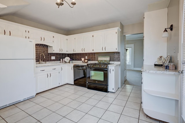 kitchen featuring white cabinetry, light countertops, open shelves, a sink, and black appliances
