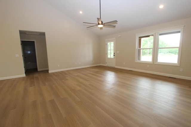 LOT1 Arden Rdg, Ava, MO 65608 - unfurnished living room featuring ceiling fan, baseboards, light wood-style flooring, recessed lighting, and high vaulted ceiling