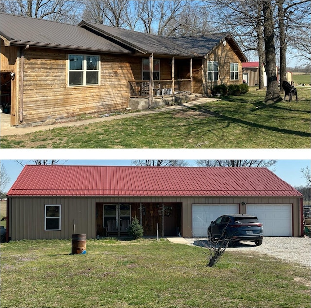 view of front of home with a front lawn, gravel driveway, a garage, metal roof, and covered porch