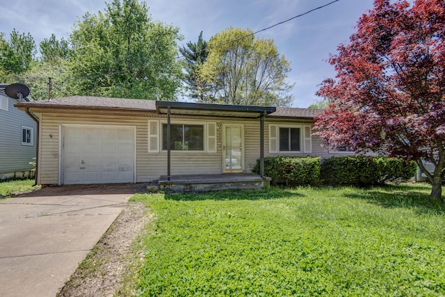 ranch-style house with driveway, roof with shingles, a front yard, and a garage