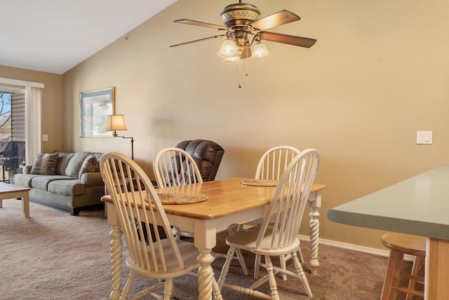34 Golf Shrs Unit 26, Branson, MO 65616 - dining space with a ceiling fan, carpet floors, baseboards, and vaulted ceiling