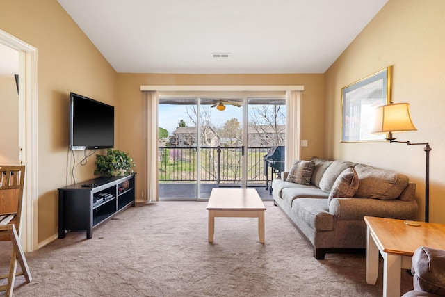34 Golf Shrs Unit 26, Branson, MO 65616 - carpeted living room with baseboards, lofted ceiling, and visible vents