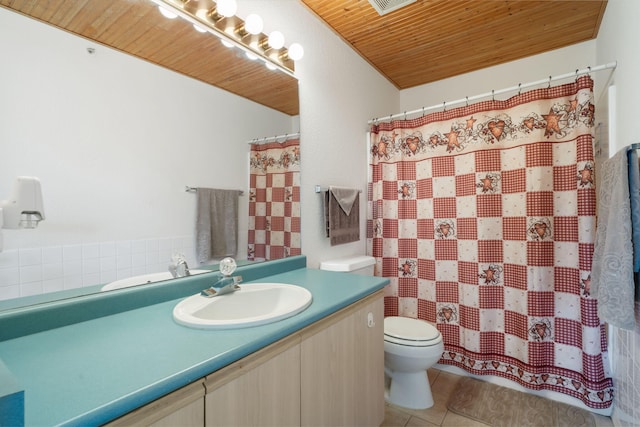 34 Golf Shrs Unit 26, Branson, MO 65616 - full bathroom featuring a shower with curtain, vanity, toilet, tile patterned floors, and wood ceiling