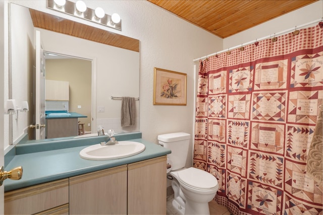 34 Golf Shrs Unit 26, Branson, MO 65616 - bathroom featuring toilet, wood ceiling, vanity, a shower with curtain, and tile patterned flooring