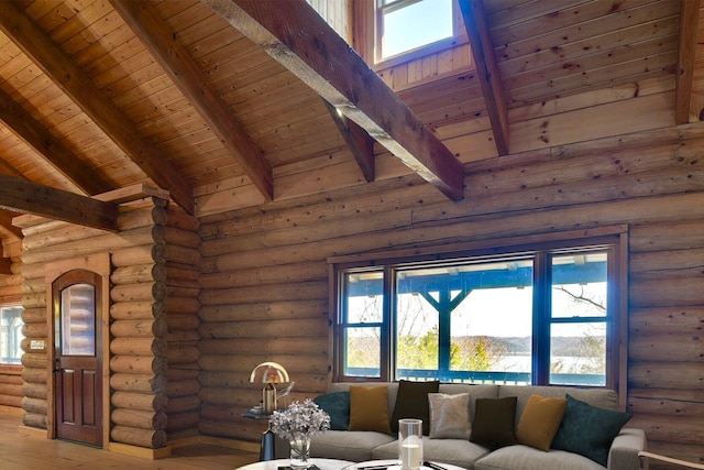 living room with vaulted ceiling with beams, wood finished floors, wood ceiling, and log walls