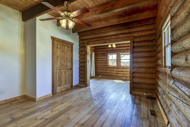 unfurnished room with wood-type flooring, baseboards, beam ceiling, visible vents, and a ceiling fan