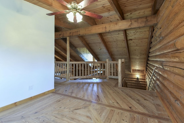 additional living space with rustic walls, lofted ceiling with beams, ceiling fan, and wood ceiling